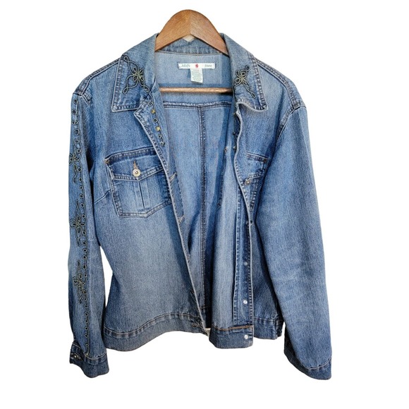 Adolfo Jeans‎ Women's Embroidered Beaded Demin Blue Jean Jacket Size Large - Picture 3 of 4